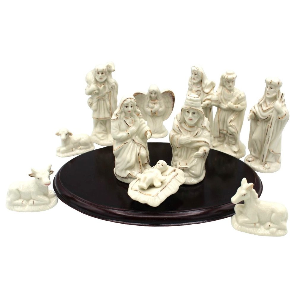Nativity Set Holiday Style Wooden Base White Porcelain with Gold Color Accents